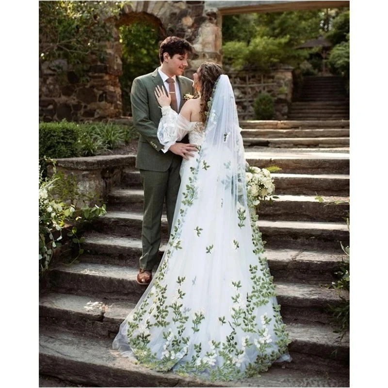 

Green Leaves Yellow Flowers Floral Wedding Veils Bridal Accessories Long Cathedral Lace Appliques White Ivory Tulle With Comb