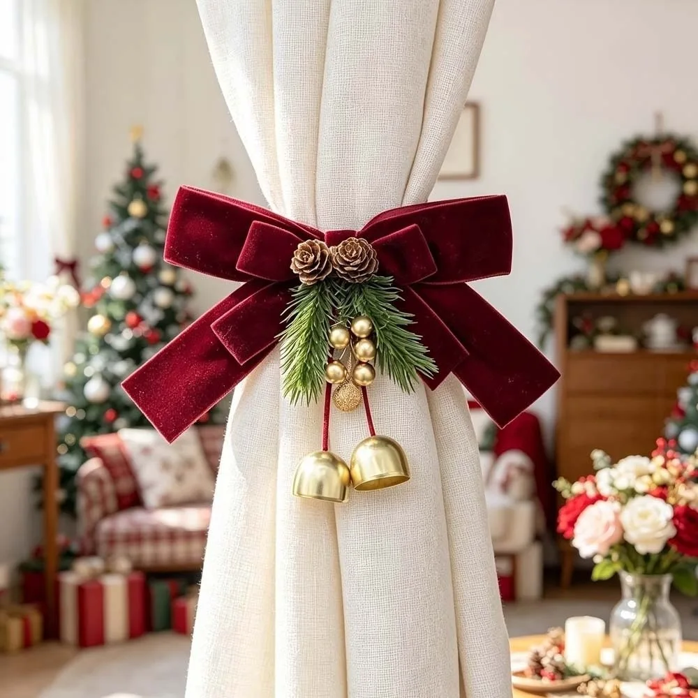 Faux Pine Christmas Curtain Tieback Handmade Festive Style Velvet Bow Ribbon Lightweight Reusable Xmas Tree Pendant Xmas Lovers