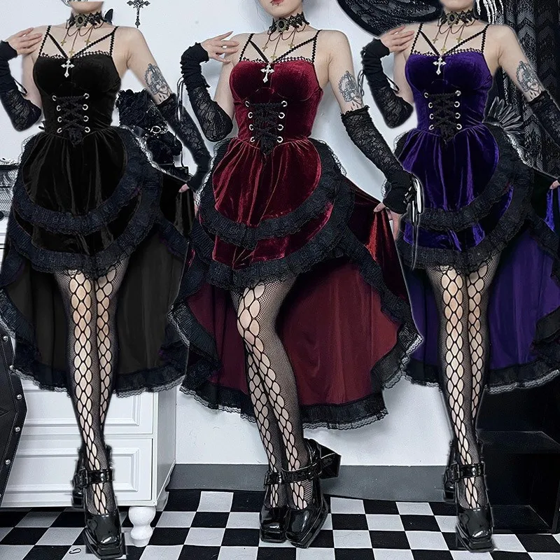 

Gothic Style Backless Belted Waist Skirt Halloween Witch Queen Tailcoat Women's Costume Sexy Strapless Ball Gown