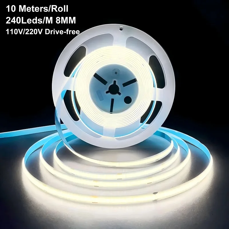 10 Meters/Roll 110V 220V 8mm Cob Led Strip IP22 No Flicker Self-adhesive Bare Board Ra80 Free Cut Flexible Led Strip Light
