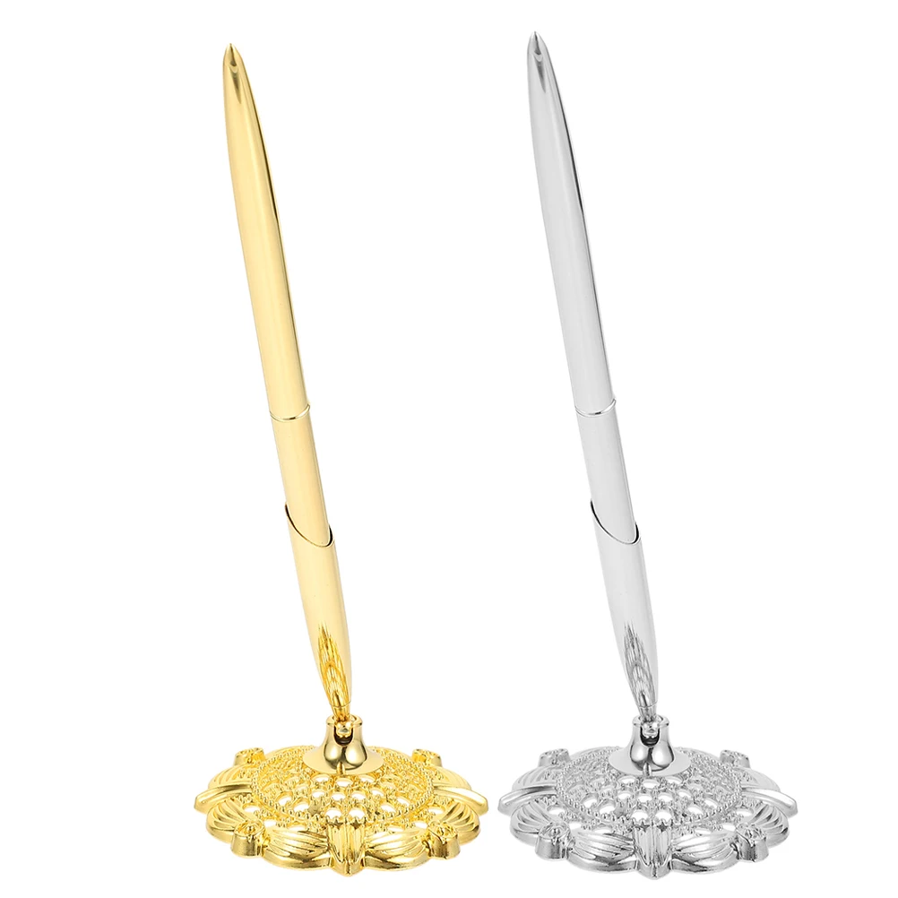 

2pcs Stylish Metal Ballpoint Table Standing Design For Wedding Guest Book Business Office Signature Pens With Stand Fancy