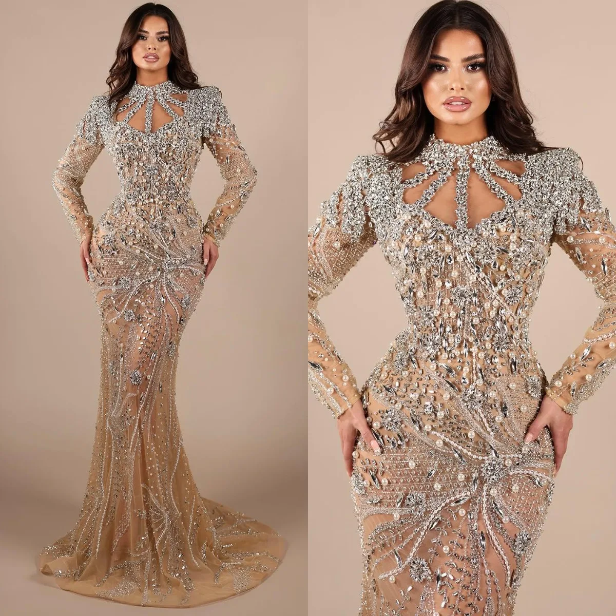 Moderne Abendkleider mit hohem Kragen, Kristallperlen, Perlenstickerei, Meerjungfrau-Abschlussballkleid, lange Ärmel, schmale Passform, Partykleid, Vestidos De Noche