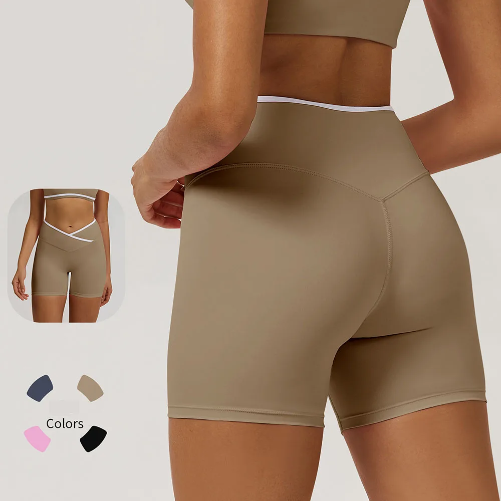 

‌Women's Naked Feel High Waist Cross-Waistband Yoga Shorts - Peach Lifting Workout Shorts for Gym & Casual Wear