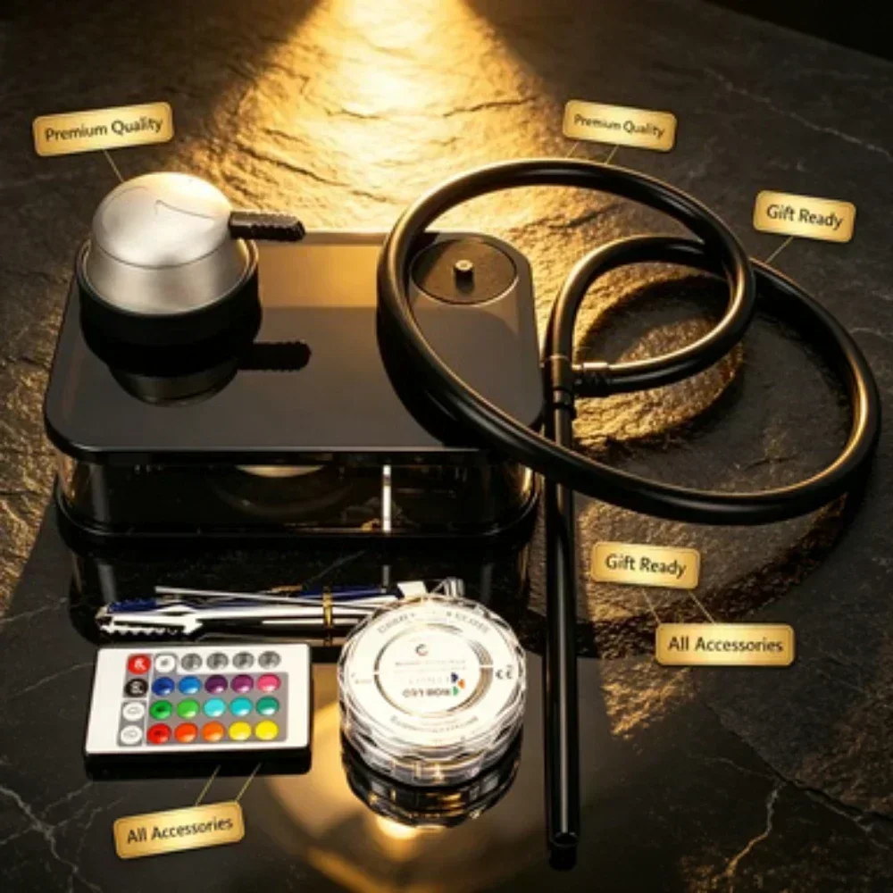 3/SOT Square Acrylic Cube Hookah Complete Set1Hose LED Light Remote Control Shisha Narguile Chicha Full Kit For Home Party Use