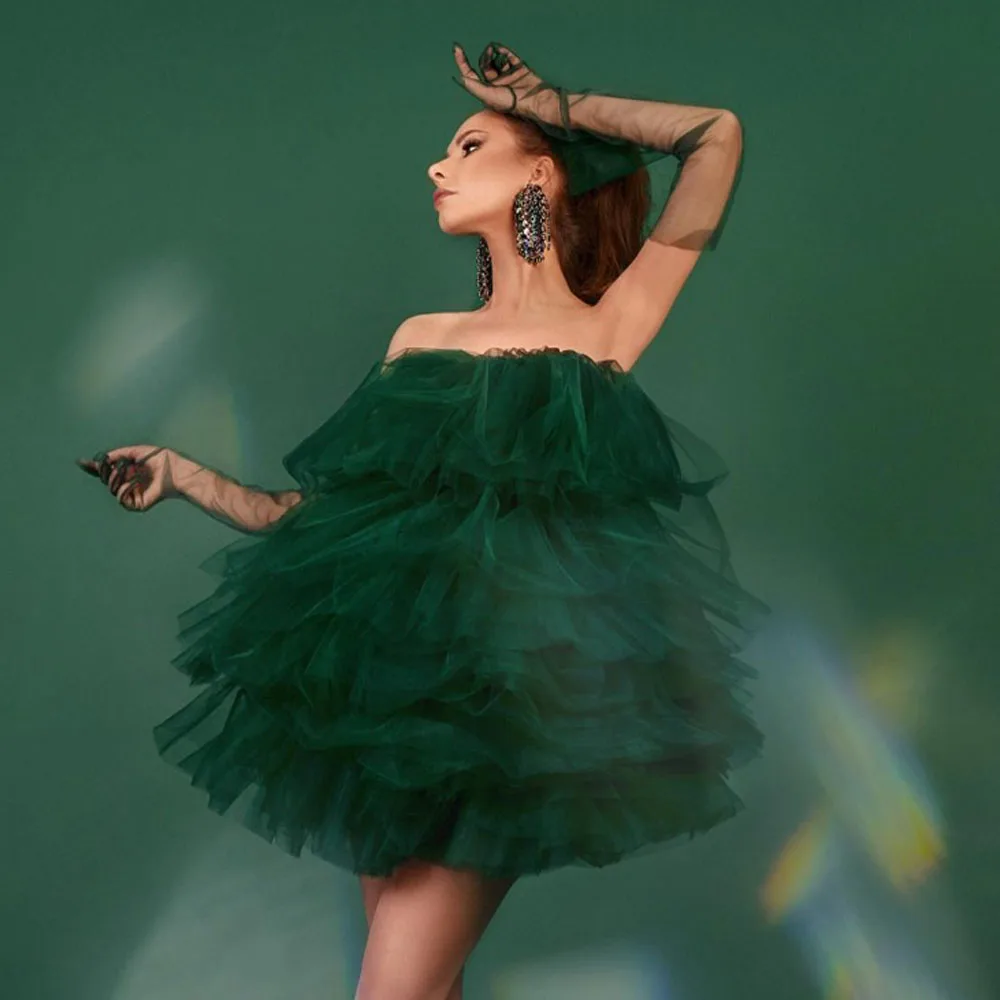 فستان نسائي بدون حمالات من التل الأخضر الداكن مكشكش للحفلات الراقصة قفازات شفافة قصيرة منتفخة لحفلات الكوكتيل بطول صغير مقاس كبير #2