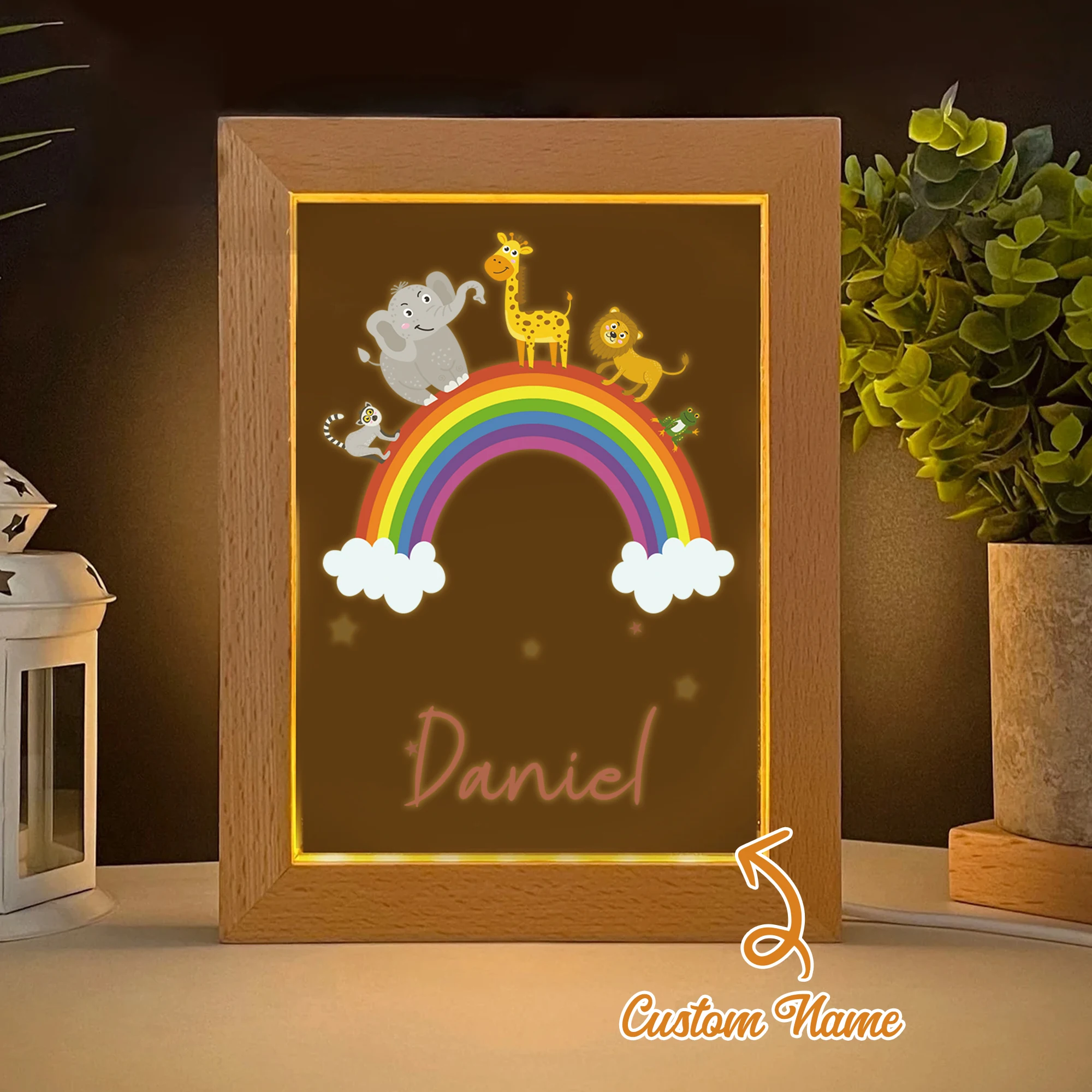 

2D Flat Custom Name Animal Rainbow LED Acrylic Night Light Wood Photo Frame 21x17cm Cartoon Children's Bedroom Gifts Home Decor