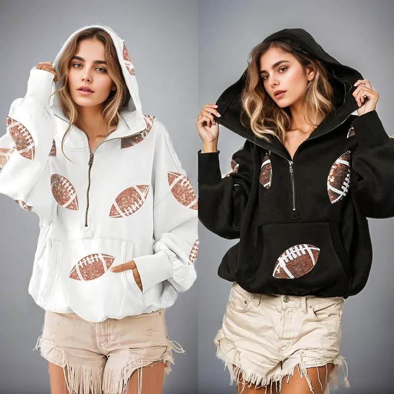 

Fashion Rugby Sequin Patchwork Hooded Sweatshirts Women 2023 Streetwear Hoodies Oversized Women Casual Zip Long Sleeve Pullovers