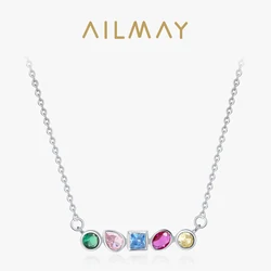 Ailmay Luxury Shining Rainbow CZ Geometric Design Pendant Real 925 Sterling Silver Chain Necklace For Women Wedding Fine Jewelry