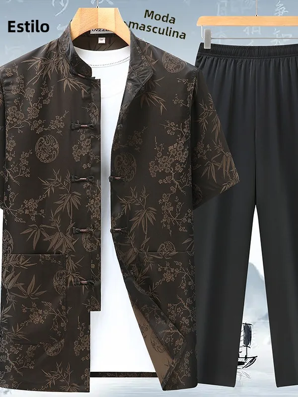 夏用薄手半袖アイスシルク長ズボン寝間着-中高年男性向け-レトロ唐服風カジュアルウェア-ポリエステル繊維