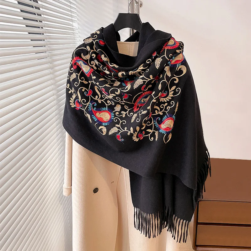 Luxury Winter Embroidery Cashmere Scarves High Quality Women Thicken Wrap Shawl Ladies Warm Wool Pashmina Paisley Besign Scarf