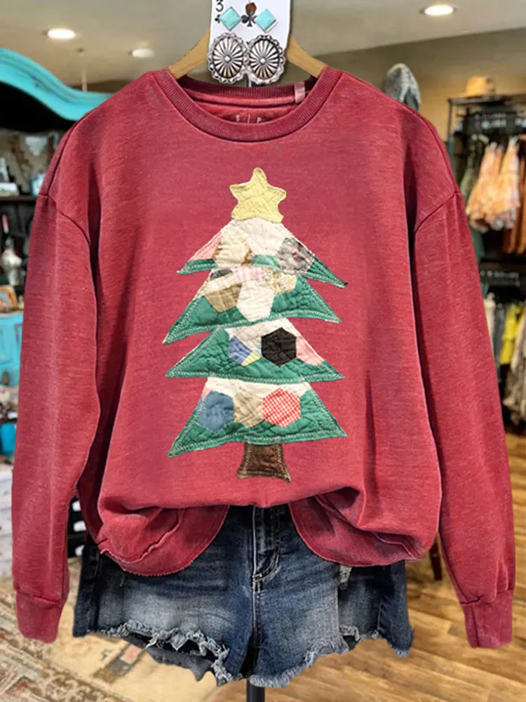 Christmas Tree Contrast Color Long Sleeve Sweatshirt