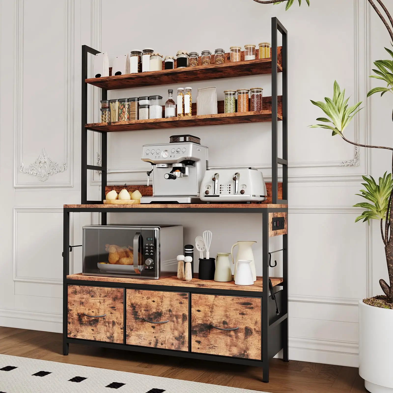 5-Tier Kitchen Baker's Rack with Charging Station – Drawers, Storage Cabinet & 10 Hooks – Industrial Microwave Stand