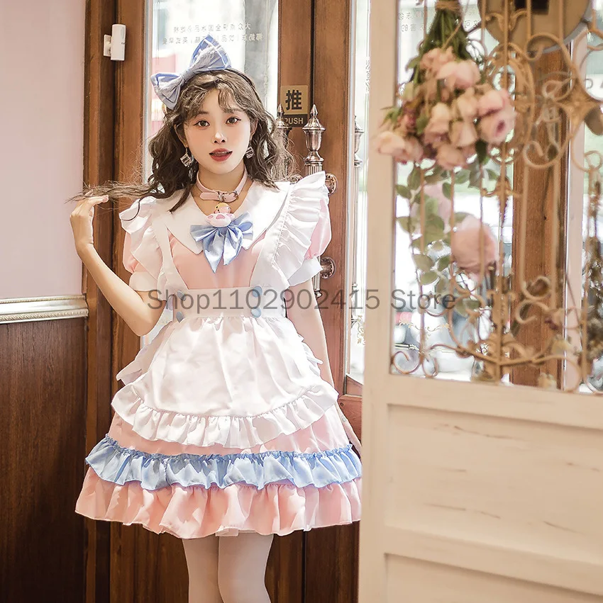 

Women Blue Pink Lolita Maid Dress Anime Cosplay Costume Cute Big Bow Ruffles Princess Party Dresses Apron Headband Lace Vestidos