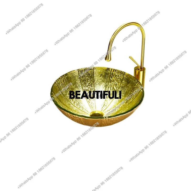 Bathroom Gold Sink Tempered Glass Washbasin Round Bowl Basin Hotel Luxury Countertop Art Basin Home Balcony Glossy Vessel Sink