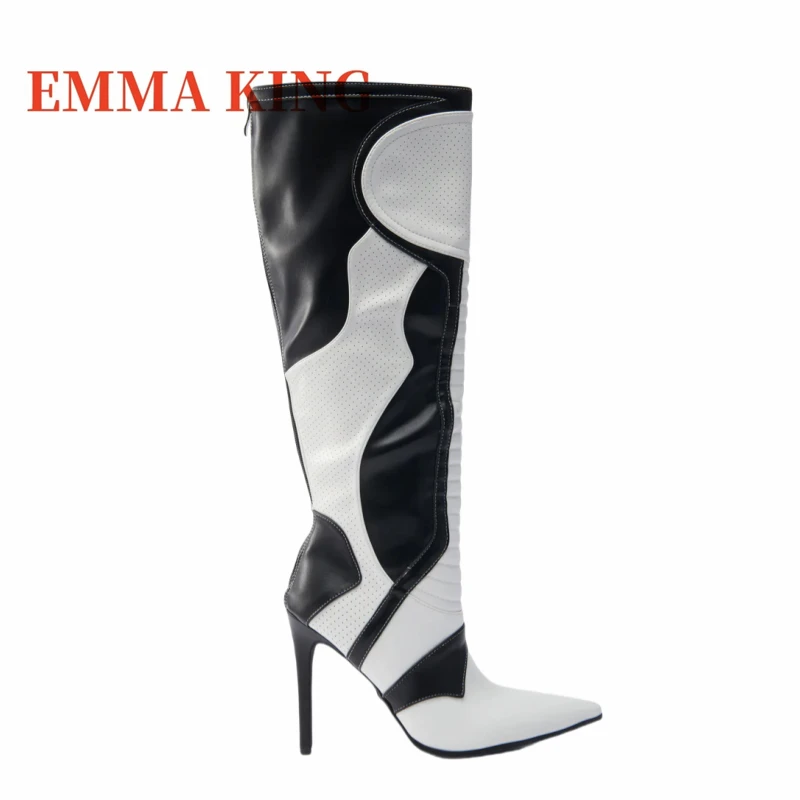 المرقعة النساء حذاء برقبة للركبة مثير مدبب تو كعب ستيليتو أحذية طويلة امرأة الرياضة نمط فارس الأحذية بوتاس دي موهير كبير 44