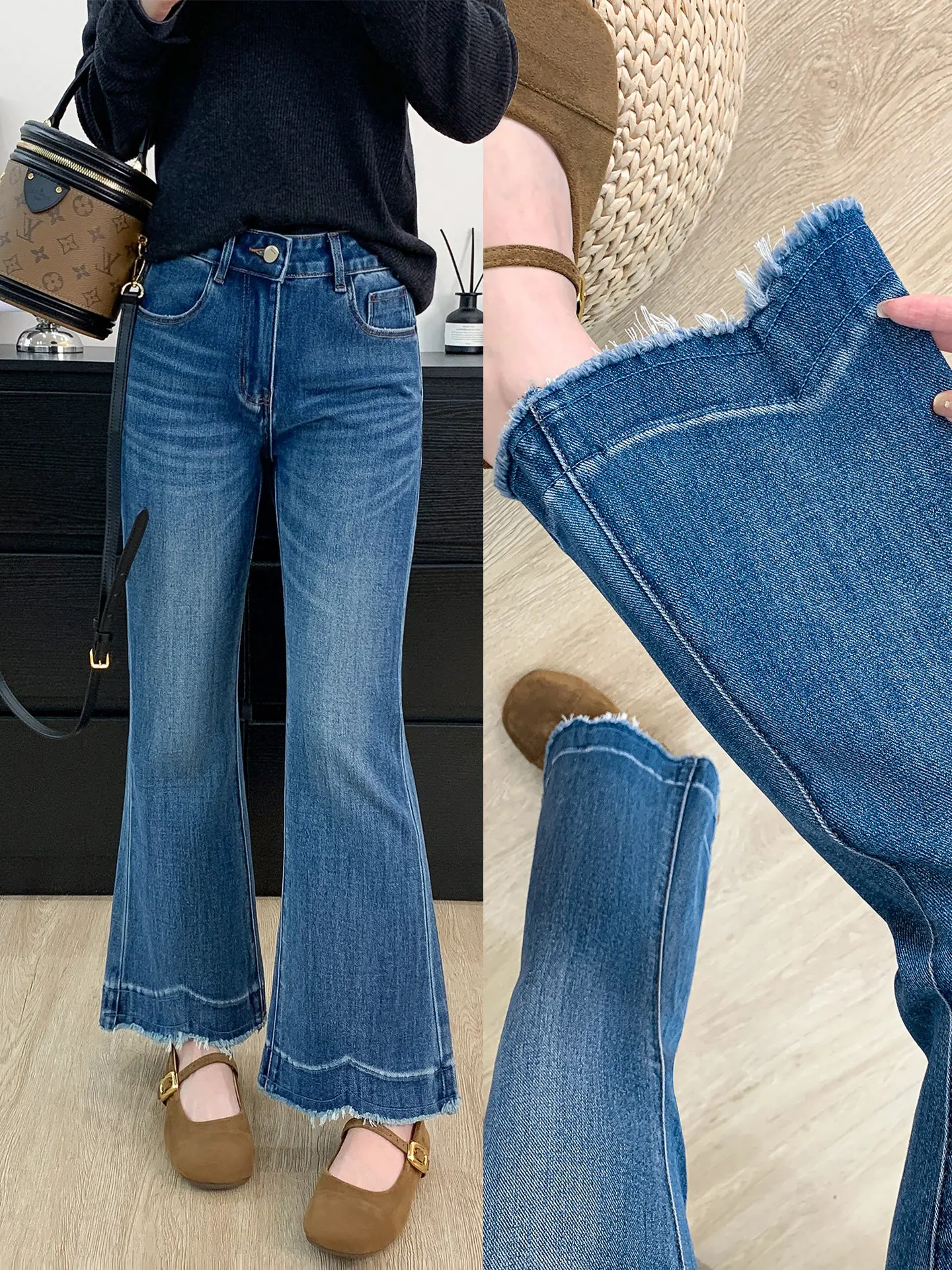 

Blue Frayed Hem Straight Leg Denim Jeans Women's Spring New plus Size ort High Waist Slimming Nine Point Flared Pants