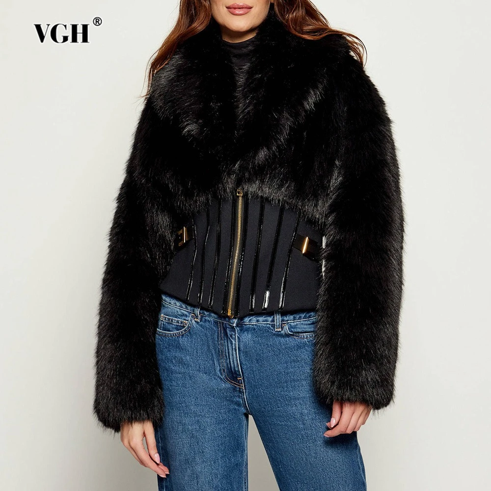 

VGH Solid Temperament Plush Slimming Jackets For Women V Neck Long Sleeve Spliced Zipper Autumn Warm Jacket Female Fashion New