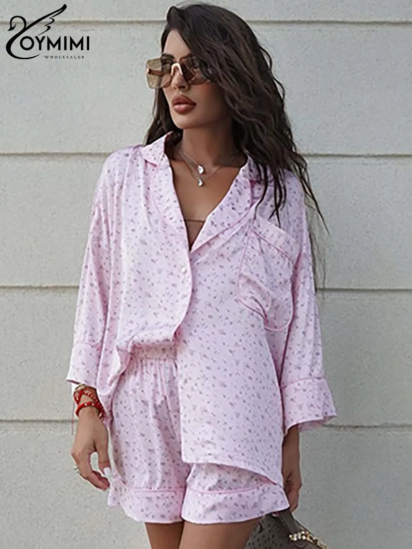 Oymimi Fashion Pink Print Women 2 Piece Set Outfit Casual Satin Wrist Sleeve Button Shirts And High Waist Pockets Shorts Sets