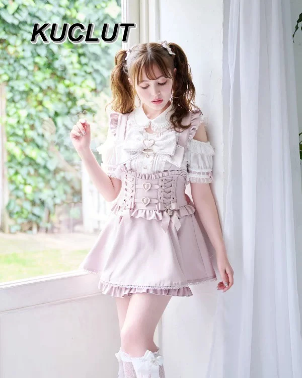Fashion Love Button Ribbon Strap Skirt Detachable Strap Japanese Style Casual Short High Waist Skirts for Women 2025 New