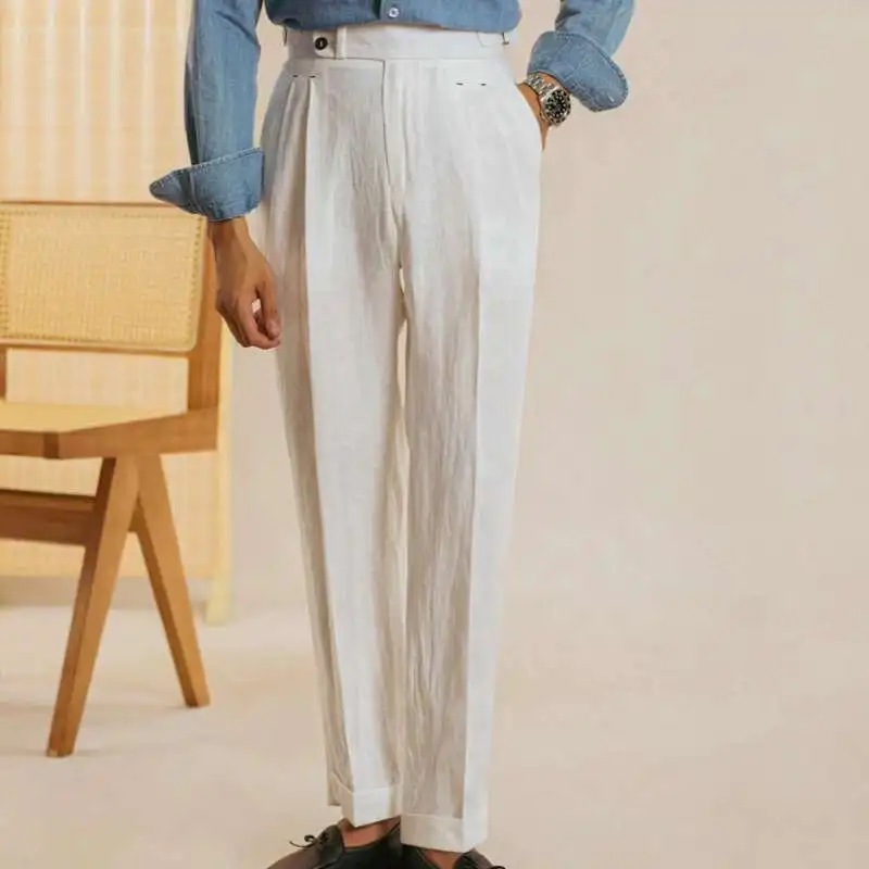 Celana kasual Retro Linen celana Kantor celana pinggang tinggi gaya Inggris celana panjang pria celana putih celana panjang kaki lurus Naples