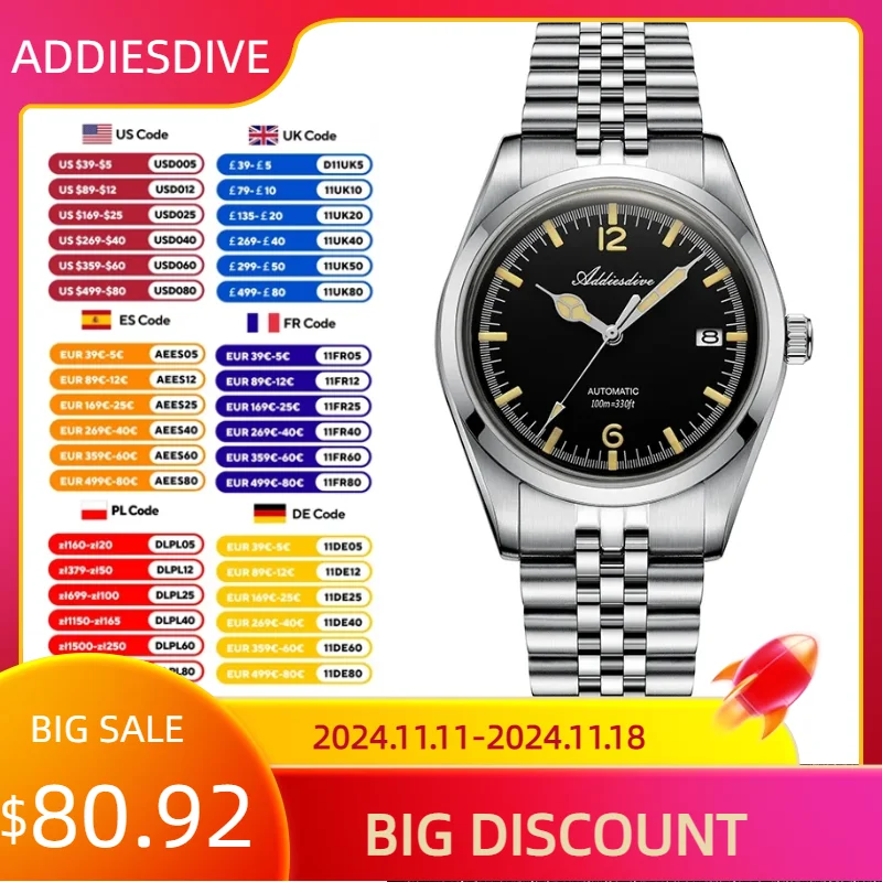 ADDIESDIVE 39mm Men Automatic Luxury Mechanical Watches Luminous 100m Dress Watch Stainless Steel Bubber Mirror Glass Wristwatch