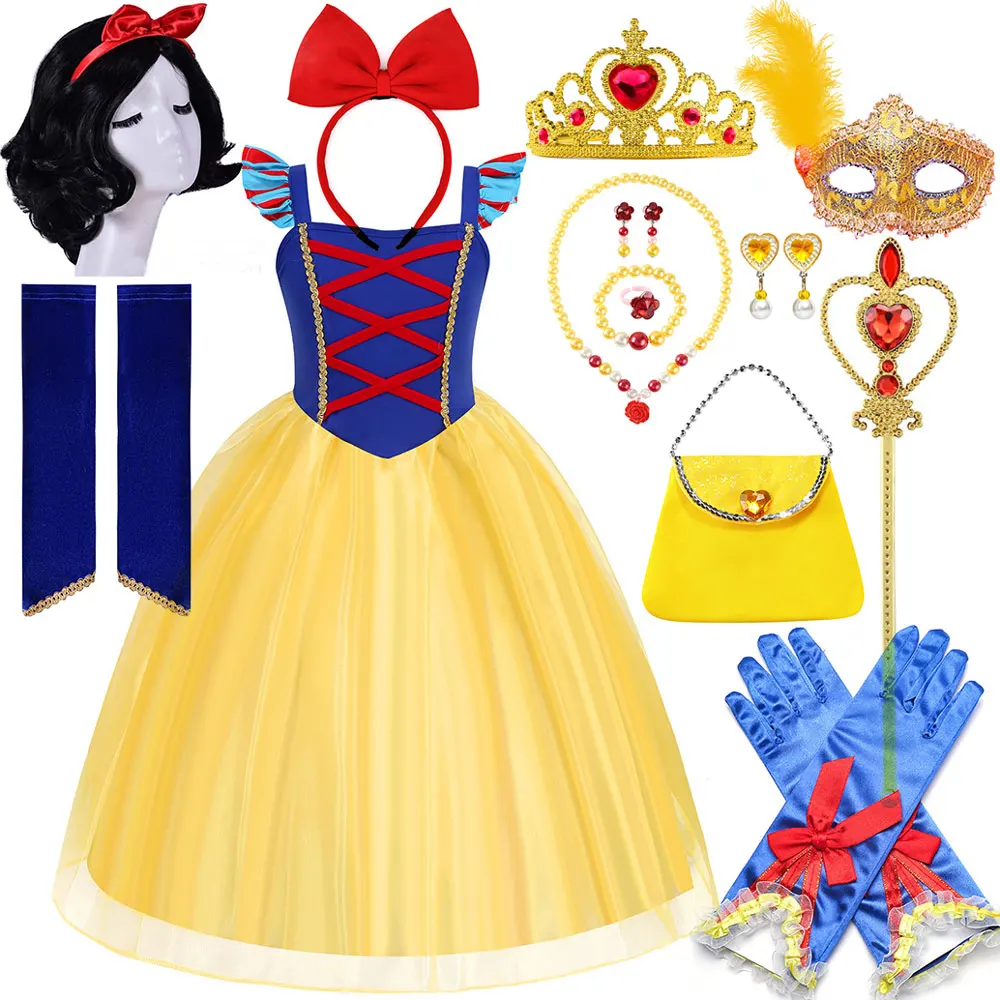 

2026 Classic Fairy Tale Snow White Cartoon Costume Girls Cosplay Snow White Birthday Party Carnival Costume + Accessories Set