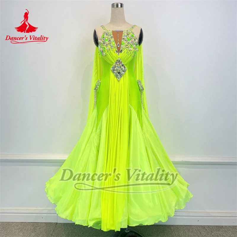 Women Social Dance Fluorescent Yellow Sleeveless Backless Luxury Dresses Customized Waltz Tango Perform Outfit Dancer's Vitality