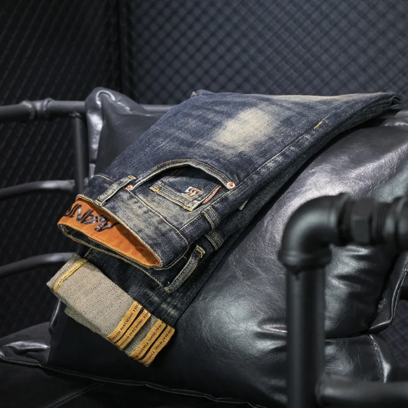 2024 new high-end light luxury MEN'S jeans fashion washed vintage straight slim elastic casual versatile comfortable denim pants