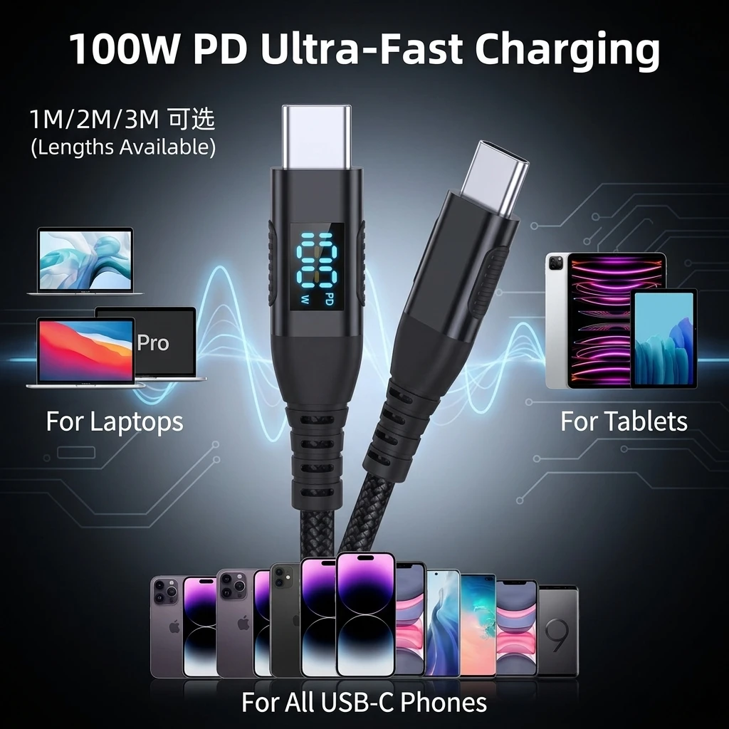 1M 2M 3M 100W USB C to Type C Cord Nylon Braided 5A Max Fast Charging Cable for iPhone 15 16 17 Pro