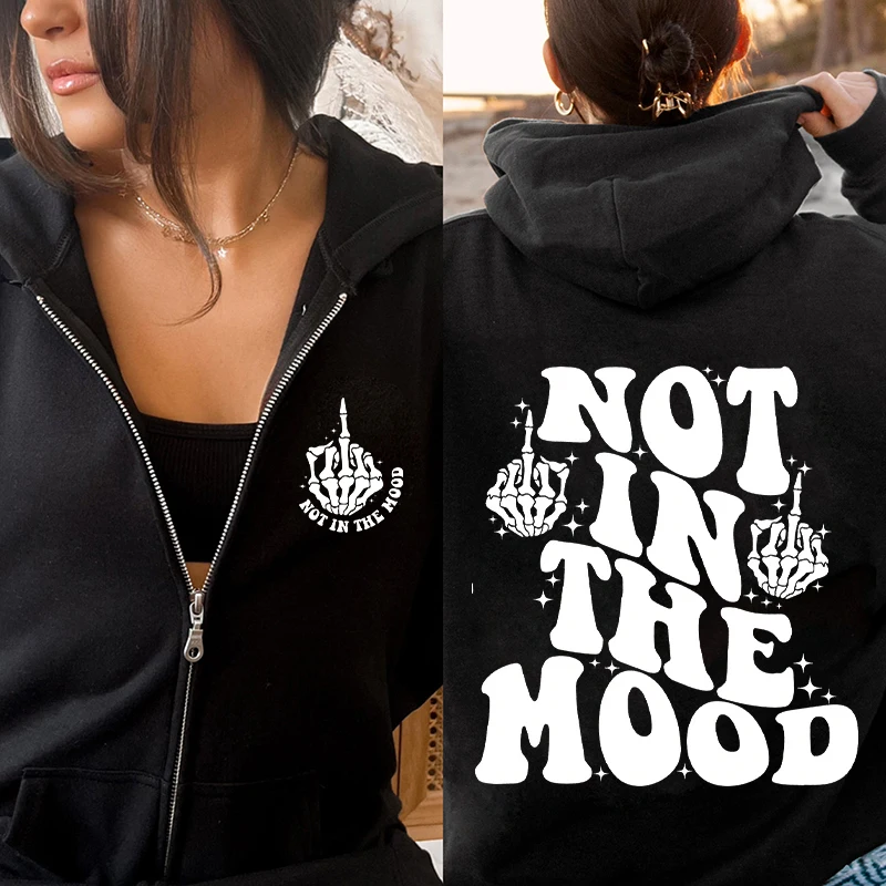 Y2k Zip Up Hoodie Not in The Mood New Women Retro Oversized Zipper Sweatshirt Skeleton Middle Finger Fashion Street Hoodie