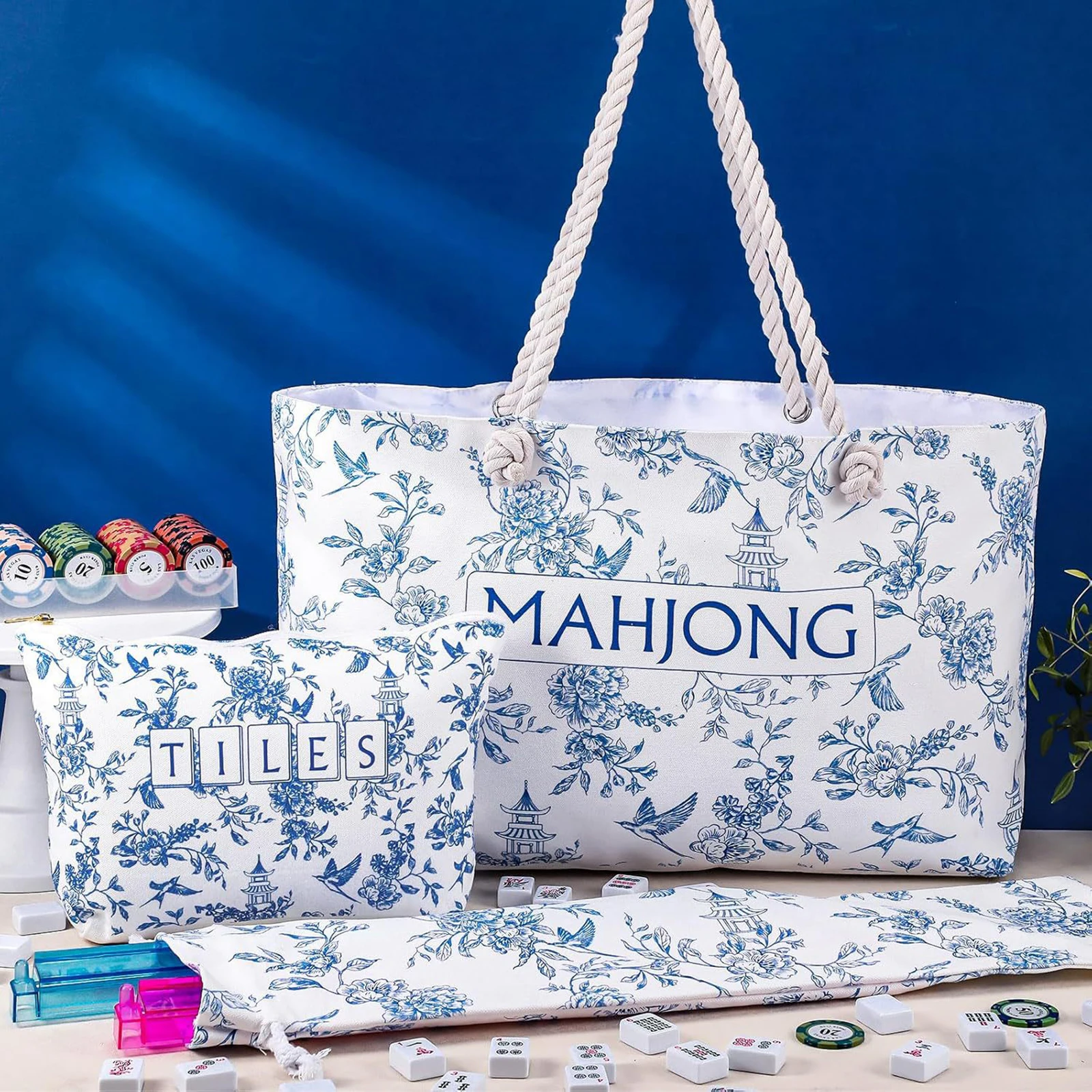 Blue Printed Mahjong Tile Storage Tote Bags Set 24x13x4.7 Inch Large with Handles for Travel Daily Carry Board Game Lovers Gift