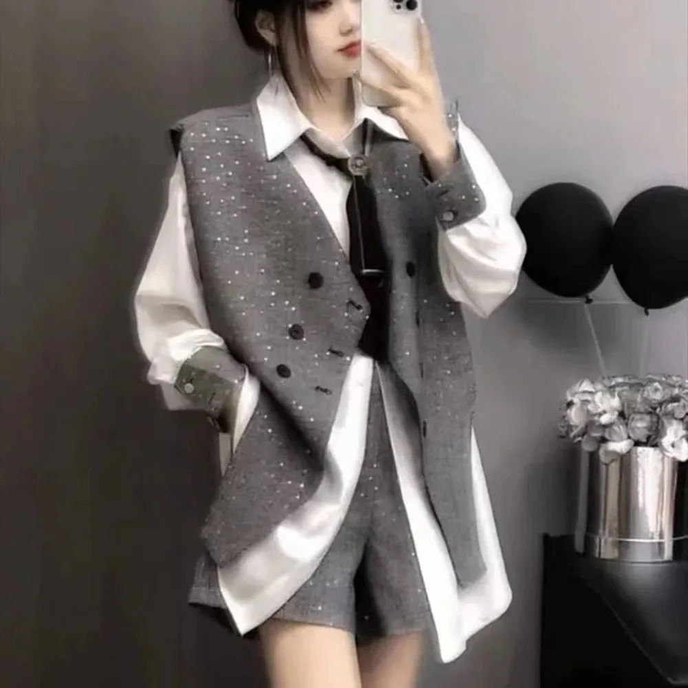 2024 Spring Autumn Three Piece Set High Grade Grey Vest Coat +Long Sleeve Shirt + Slim Suit Shorts Women's Shorts Casual Suit