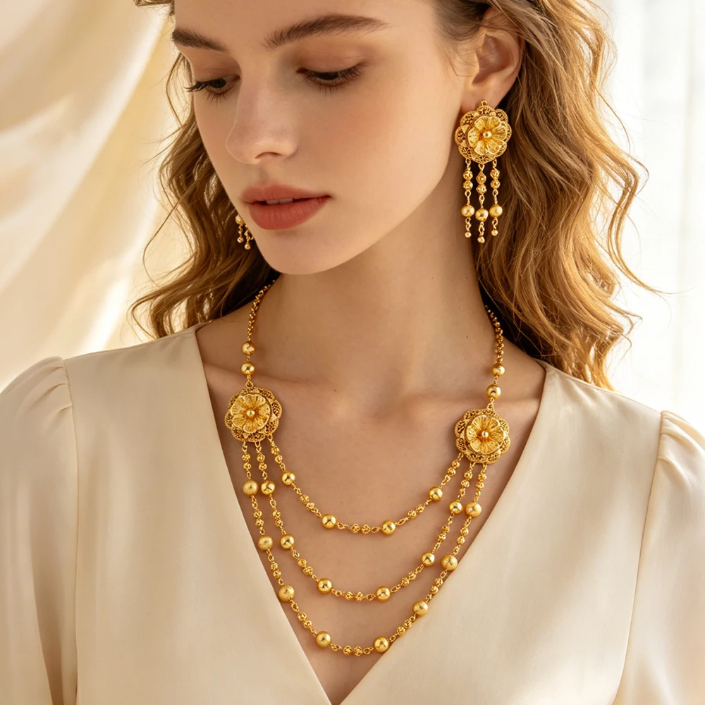 Perlen-Mehrketten-Halskette Quasten-Ohrringe Dubai Nigeria Vergoldetes Schmuckset Braut Hochzeits-Accessoires für Damen Geschenke – Detail 5