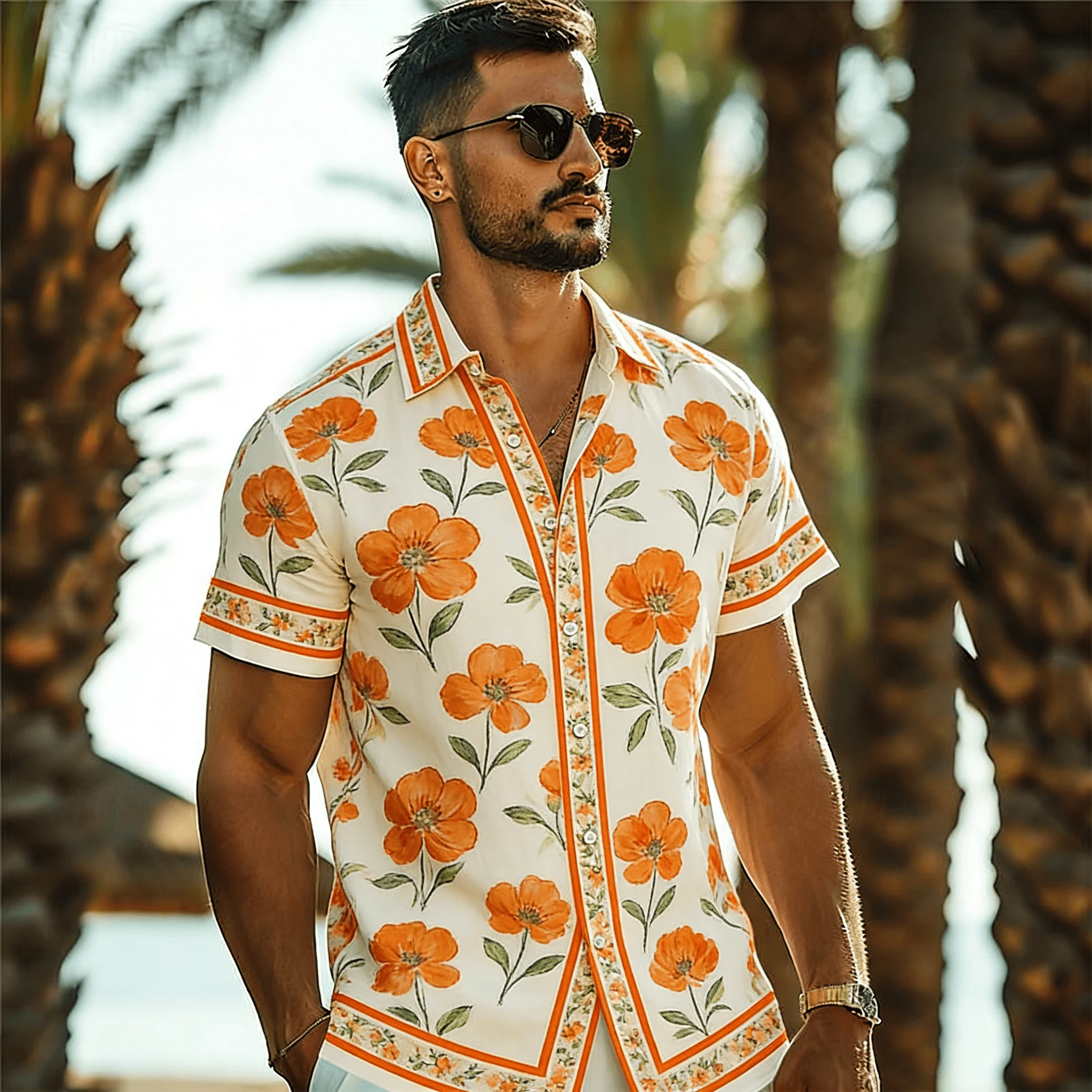 

Men's Summer Casual Shirt, Retro Flower Print with Border Trim, Turn-Down Collar Top for Beach & Daily Wear
