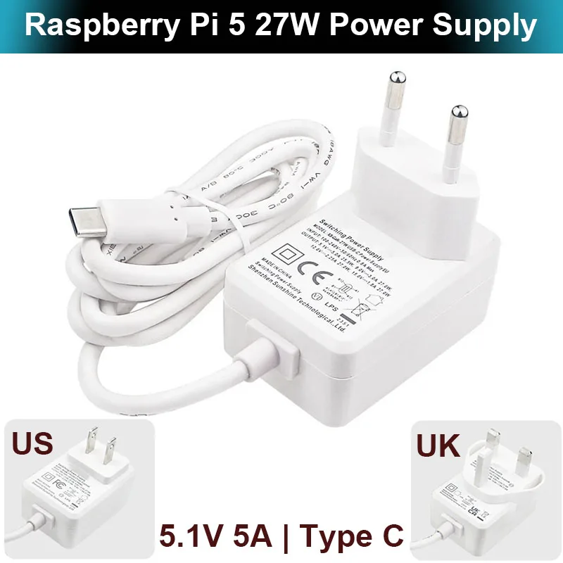 

Raspberry Pi 5 5.1V 5A Power Supply PD 27W USB Type C Charger EU US UK Plug AC 100-240V Power Adapter for Raspberry Pi 4B RPI 5