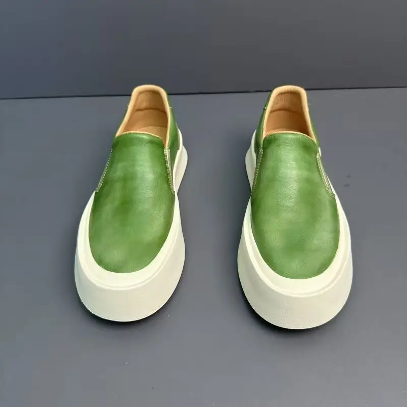Vintage Mens New Slip On Loafers Thick Platform Casual Skateboard Shoes Cowhide Genuine Leather Shoes Outside Joggers Sneakers