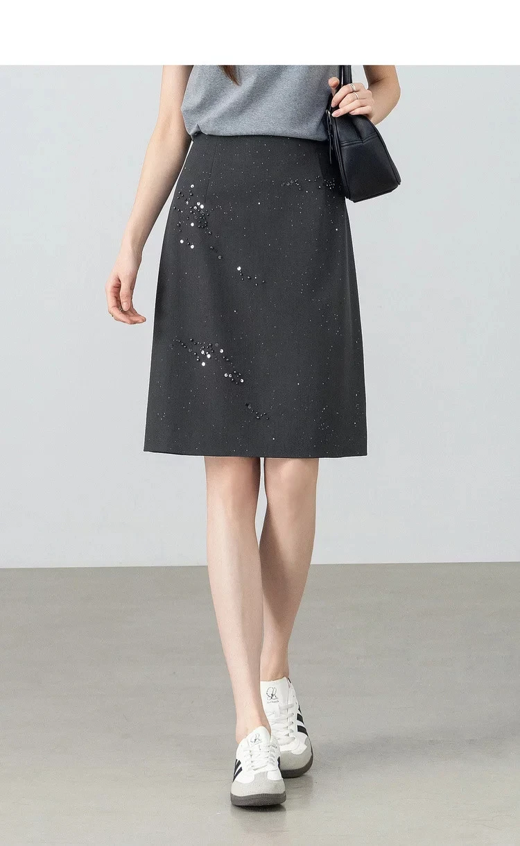 SENTUBILA Damen Schwarzer Gerader Rock 2026 Sommer Eleganter Modischer Perlenstickerei Silber Schimmernder Büro-Rock 162QF6640 – Detail 3