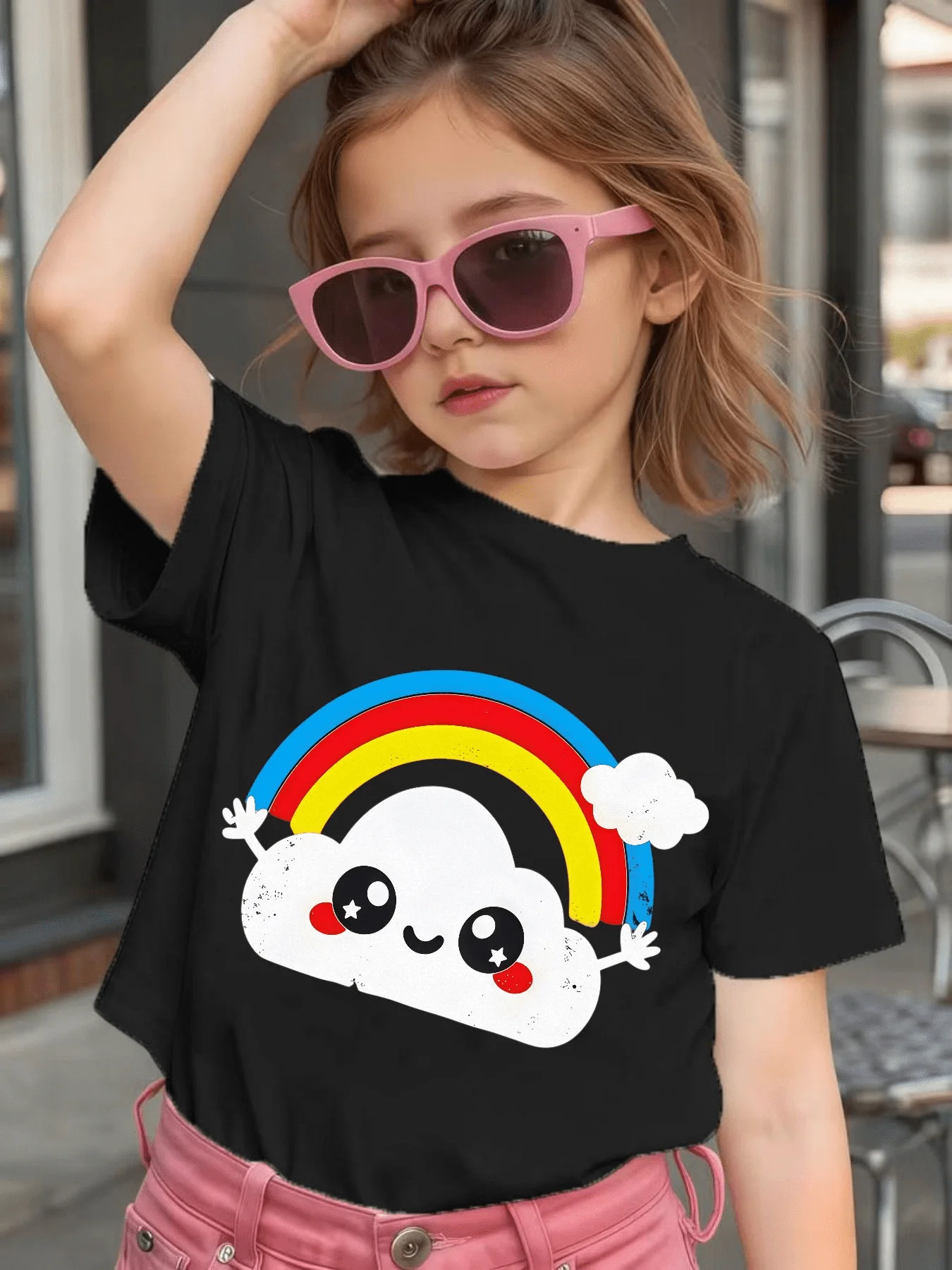 Lovely Smiling Cartoon Rainbow T Shirt Boys Girls Family Match Light Cotton Short Sleeve Summer Kid Comfort Casual Basic Wear