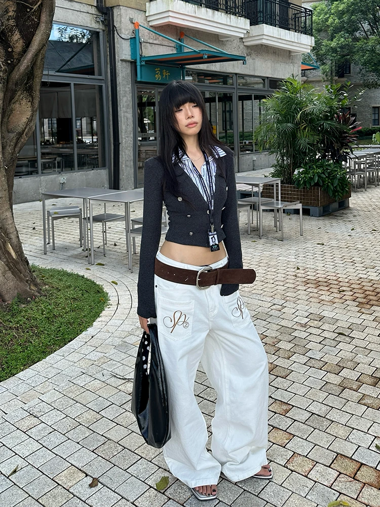 Seeslim إنجلترا نمط المرقعة وهمية قطعتين بلايز الخريف تي شيرت ملابس حريمي كم طويل 2000s الملابس Y2k تيز أنثى شيك