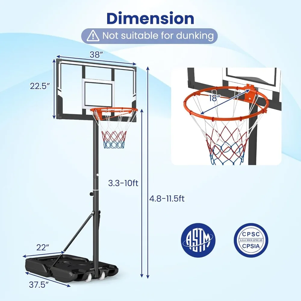 Sistem Bola Basket Luar Ruangan Portabel, Tinggi Gawang Dapat Disesuaikan 3.3-7FT hingga 10FT dengan Papan Pantul Anti Pecah dan Roda untuk Kemudahan Bergerak