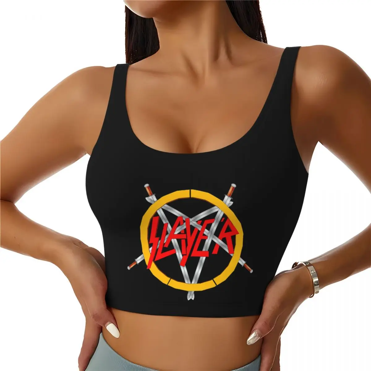 Custom Heavy Metal Rock Slayers Logo Sports Bra for Women High Impact Workout Yoga Crop Top