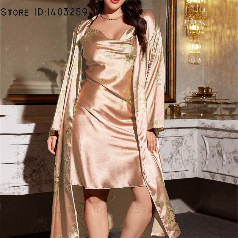 Plus Size 3XL 4XL 5XL Long Twinset Robe Set Damska bielizna nocna Silky Satin Kimono Szlafrok Suknia z nadrukiem Kwiatowa koszula nocna Sukienka domowa