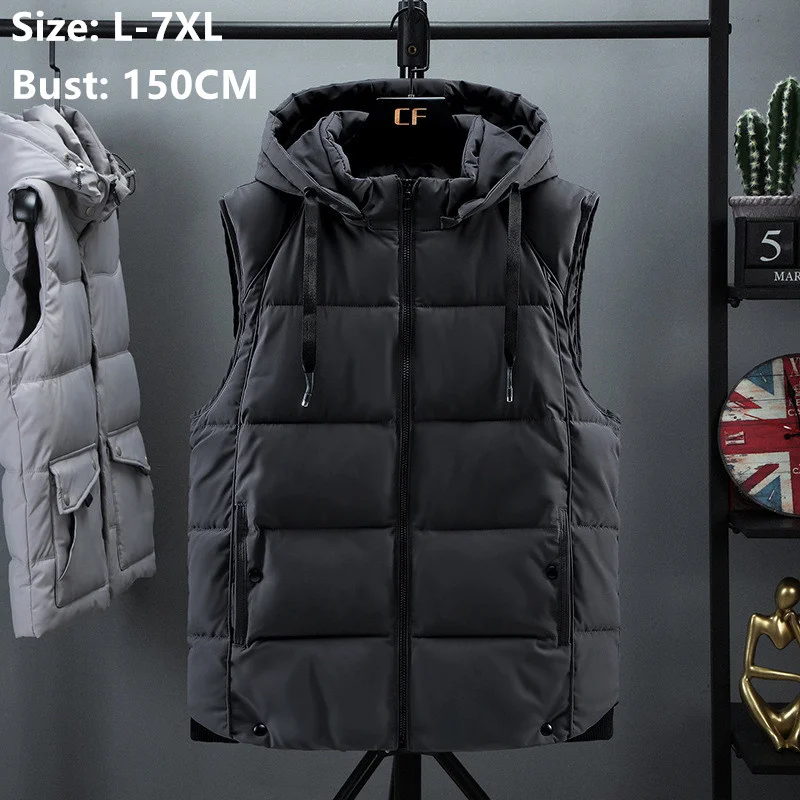 

7XL Bust 150CM Winter Vest Male Warm Black Waistcoat Sleeveless Jackets Gray Plus Size Hoodies 6XL 5XL 4XL Thick Autumn Clothes