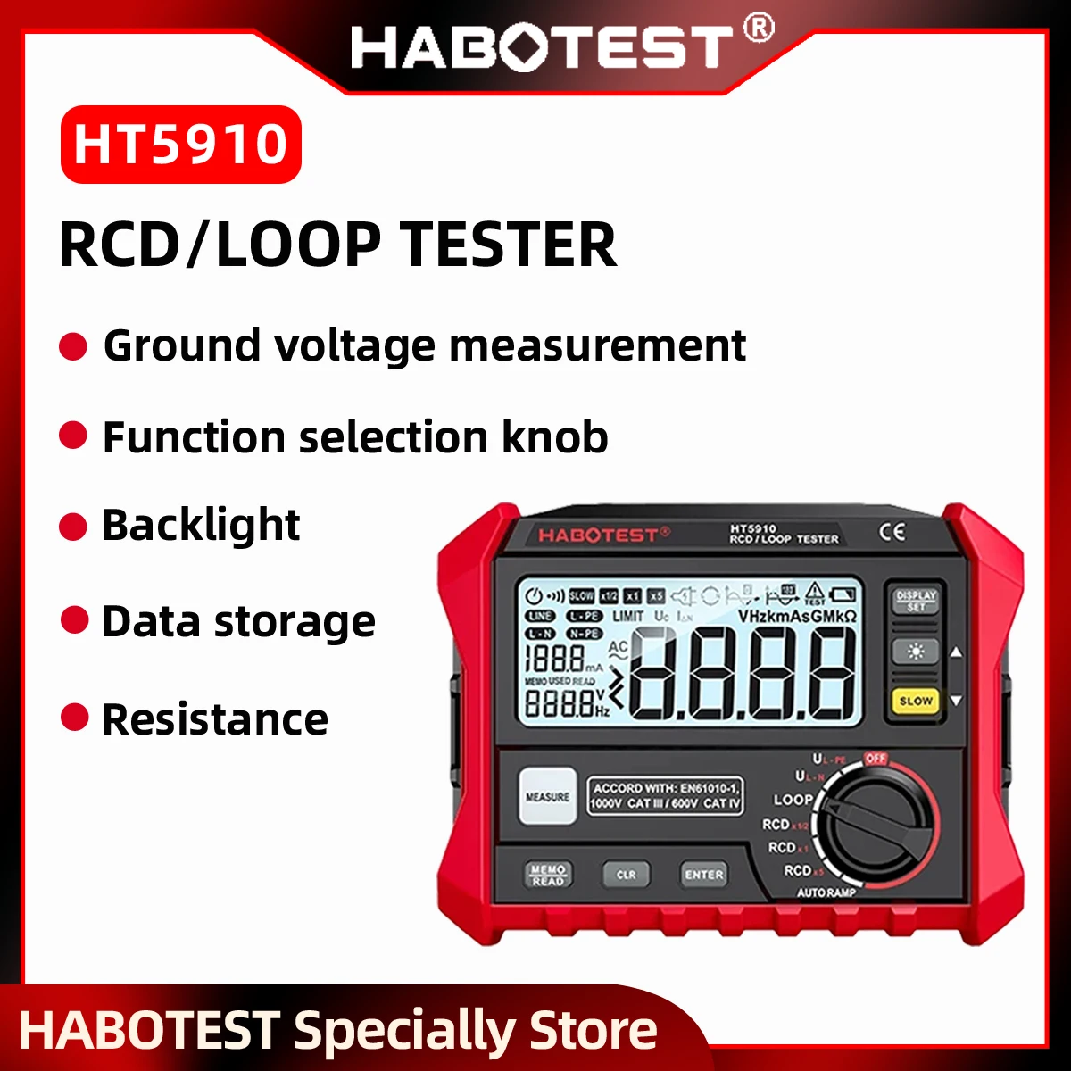 

Цифровой измеритель сопротивления HABOTEST HT5910 с ЖК-дисплеем, тестер утечек тока, вольтметр, мегомметр, тестер RCD/петлевой цепи с памятью на 1000 измерений