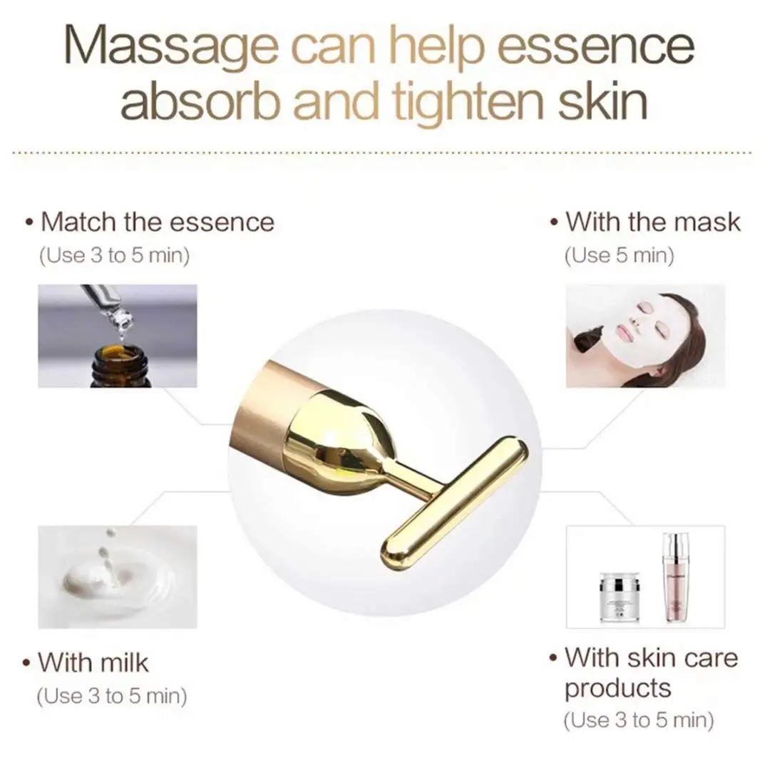 24k Golden Facial Roller Massager T Shape Vibrating Face Lifting Energy Beauty Bar Body Skin Massage Device Face Care Tools