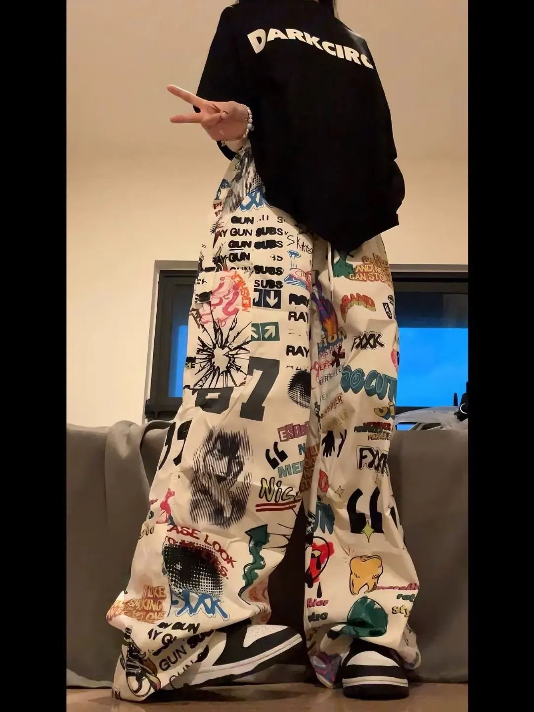 Graffiti Print Women Pants Chic New Harajuku Drawstring Wide Leg Trousers Loose Pantalones Sweatpants Streetwear Korean Y2k