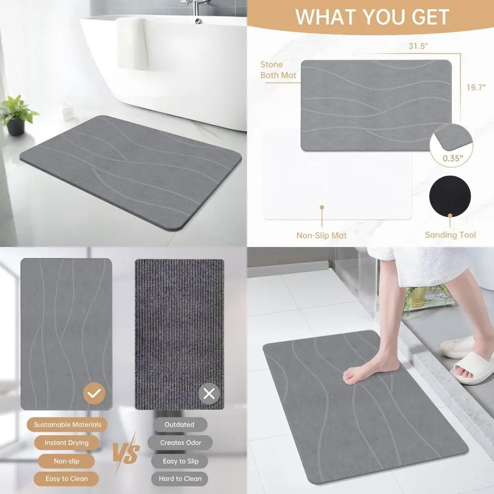 

Large 32x20 Anti-Slip Diatomaceous Earth Bath Mat - Super Absorbent, Quick Drying, Easy Clean for Bathroom & Kitchen