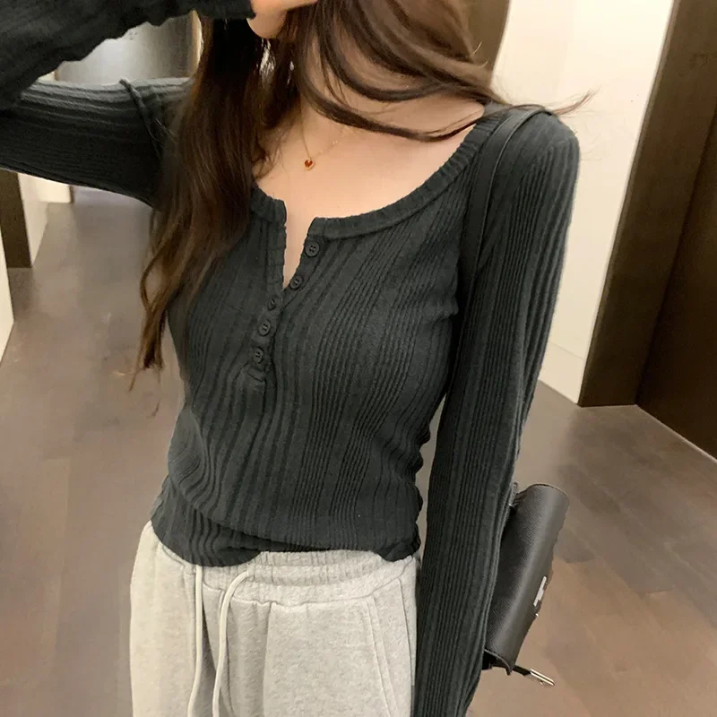 DXH-401-405 American Style Vintage Slimming Cropped U-Neck Long Sleeve T-Shirt Women's Autumn/Winter 2024 New Arrival