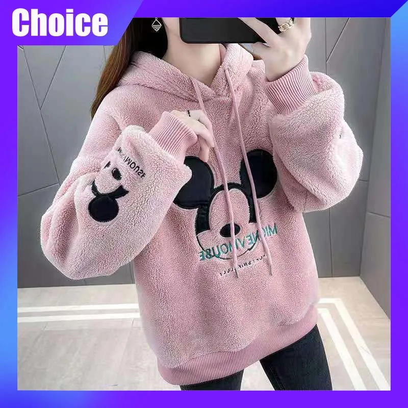 Disney Mickey Velvet Hoodie Anime Cartoon Print Hooded Sweatshirt Casual Fashion Loose Woman Cute Top Outdoor Clothing Gift Girl