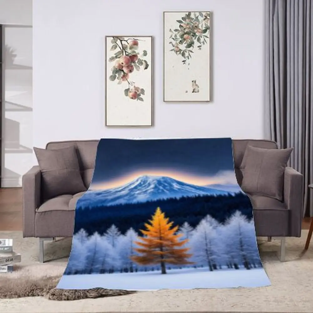 المناظر الطبيعية للجبال الثلجية مع بطانية رمي شجرة الشجر البرتقالية النابضة بالحياة - بطانية صوف ناعمة مريحة، مثالية لديكور الشتاء، Insp